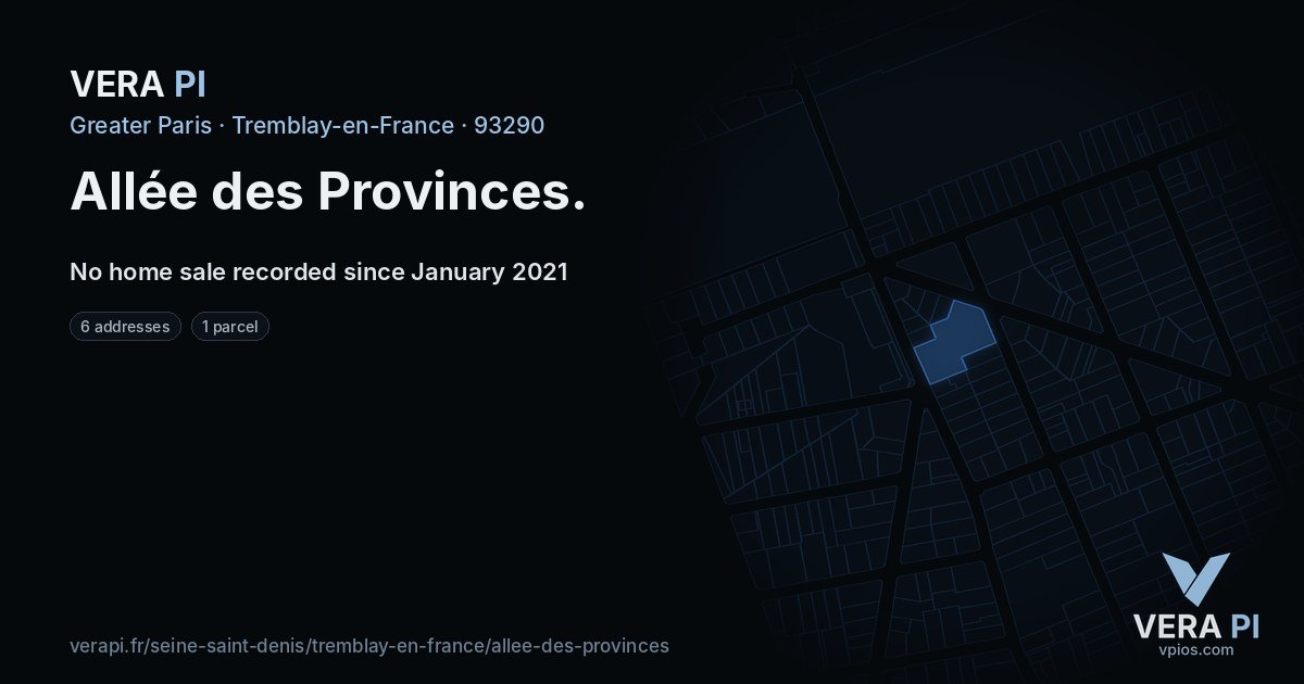 Allée des Provinces, Tremblay-en-France at night – every parcel coloured by the prices around it, the street's own parcels lit