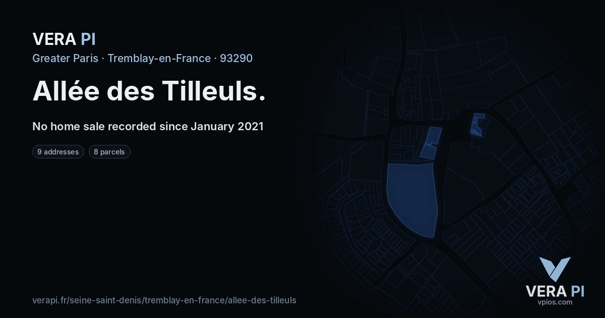 Allée des Tilleuls, Tremblay-en-France at night – every parcel coloured by the prices around it, the street's own parcels lit