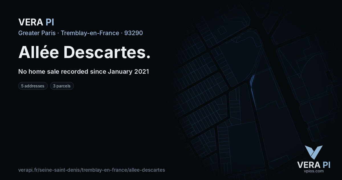 Allée Descartes, Tremblay-en-France at night – every parcel coloured by the prices around it, the street's own parcels lit