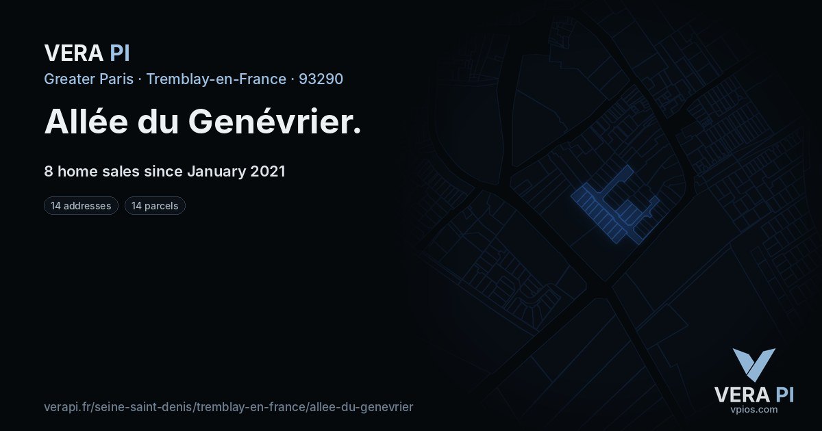 Allée du Genévrier, Tremblay-en-France at night – every parcel coloured by the prices around it, the street's own parcels lit