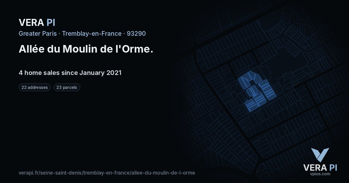 Allée du Moulin de l'Orme, Tremblay-en-France at night – every parcel coloured by the prices around it, the street's own parcels lit