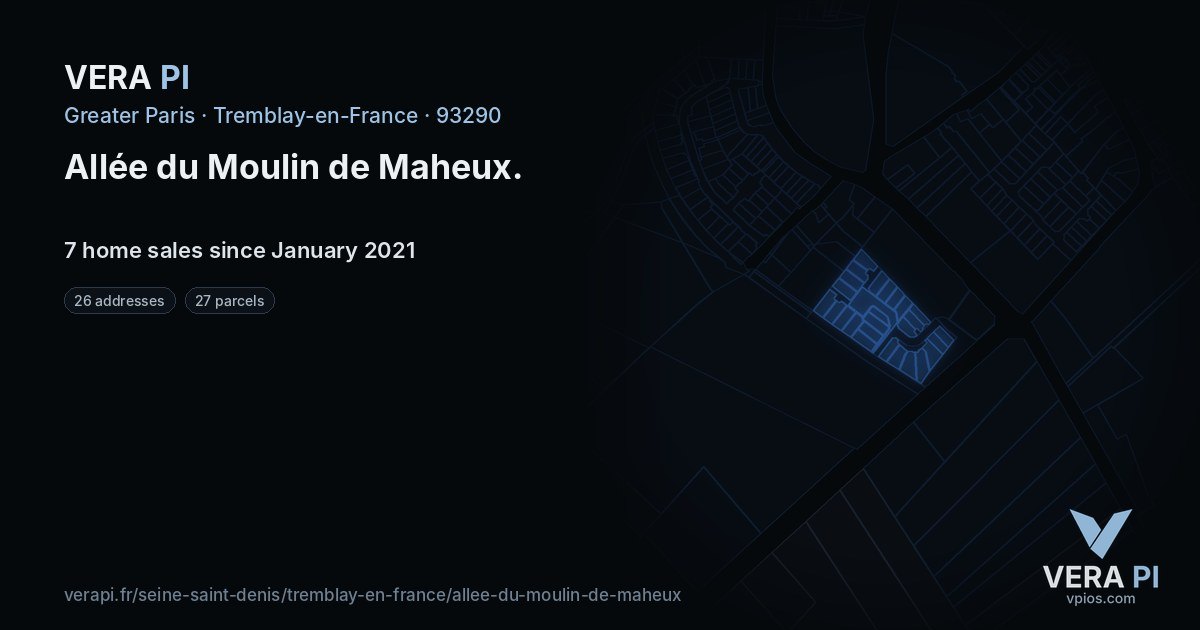 Allée du Moulin de Maheux, Tremblay-en-France at night – every parcel coloured by the prices around it, the street's own parcels lit
