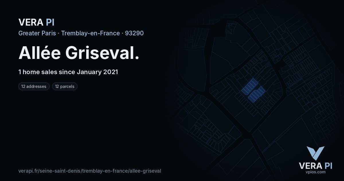 Allée Griseval, Tremblay-en-France at night – every parcel coloured by the prices around it, the street's own parcels lit