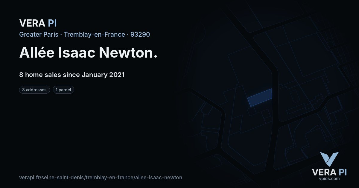 Allée Isaac Newton, Tremblay-en-France at night – every parcel coloured by the prices around it, the street's own parcels lit