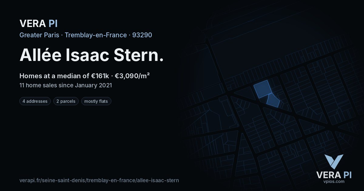 Allée Isaac Stern, Tremblay-en-France at night – every parcel coloured by the prices around it, the street's own parcels lit