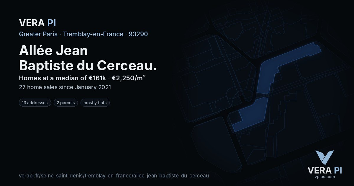 Allée Jean Baptiste du Cerceau, Tremblay-en-France at night – every parcel coloured by the prices around it, the street's own parcels lit