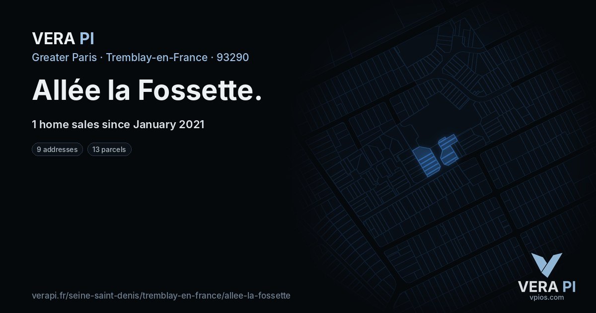 Allée la Fossette, Tremblay-en-France at night – every parcel coloured by the prices around it, the street's own parcels lit
