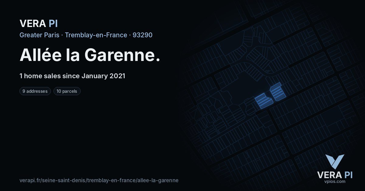 Allée la Garenne, Tremblay-en-France at night – every parcel coloured by the prices around it, the street's own parcels lit