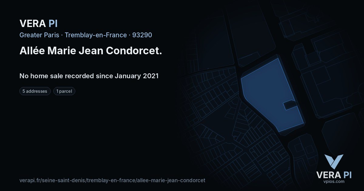 Allée Marie Jean Condorcet, Tremblay-en-France at night – every parcel coloured by the prices around it, the street's own parcels lit