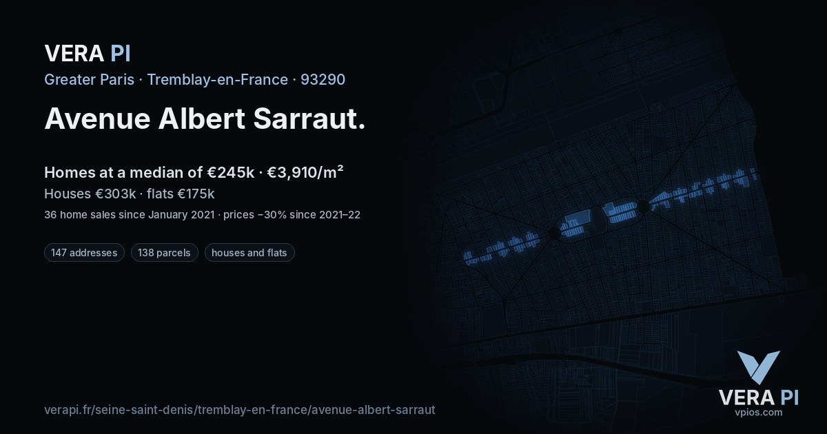 Avenue Albert Sarraut, Tremblay-en-France at night – every parcel coloured by the prices around it, the street's own parcels lit