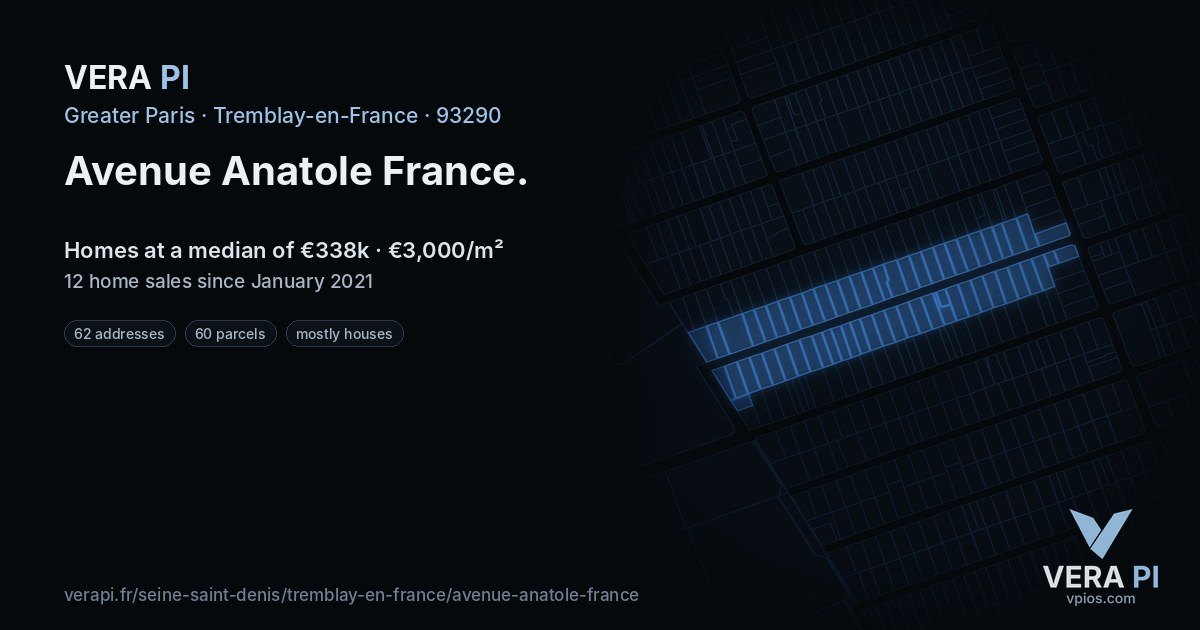 Avenue Anatole France, Tremblay-en-France at night – every parcel coloured by the prices around it, the street's own parcels lit