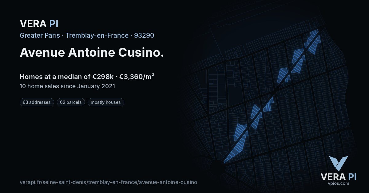 Avenue Antoine Cusino, Tremblay-en-France at night – every parcel coloured by the prices around it, the street's own parcels lit