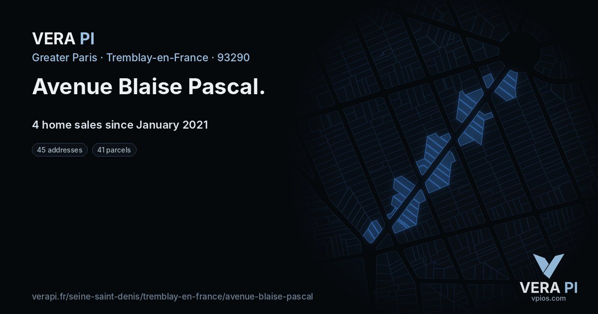 Avenue Blaise Pascal, Tremblay-en-France at night – every parcel coloured by the prices around it, the street's own parcels lit