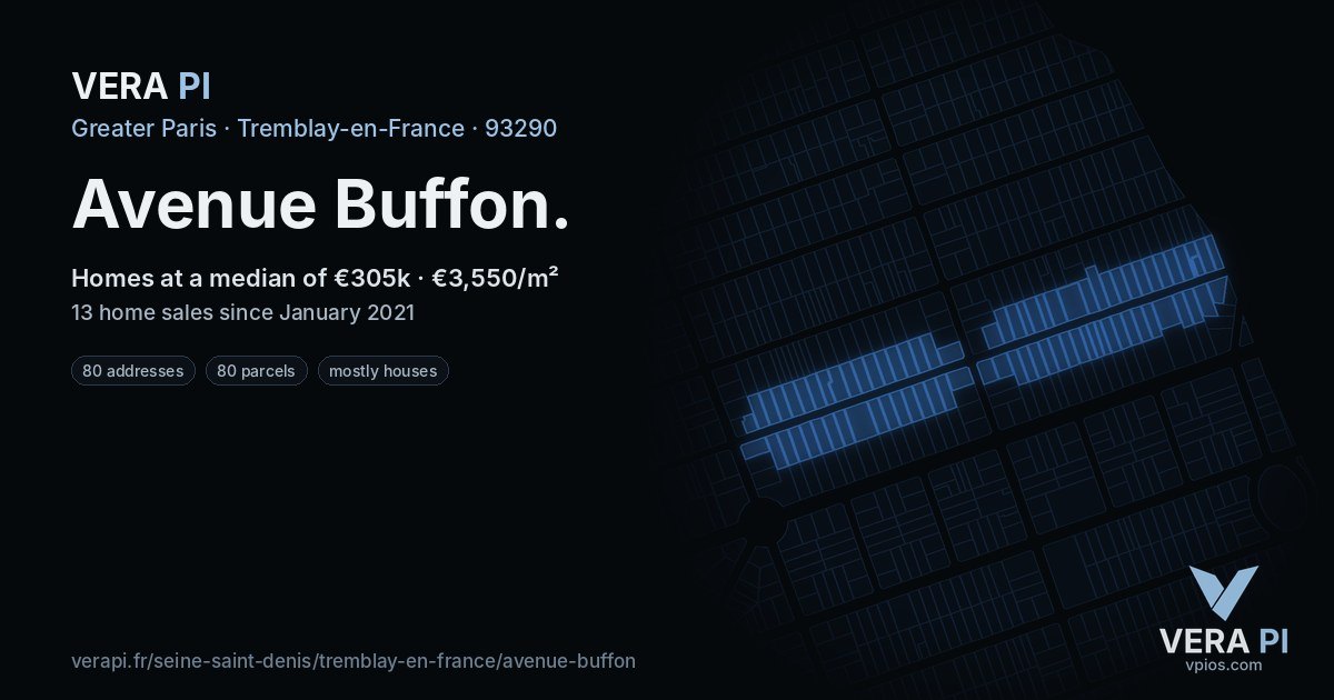 Avenue Buffon, Tremblay-en-France at night – every parcel coloured by the prices around it, the street's own parcels lit