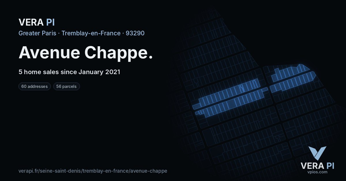 Avenue Chappe, Tremblay-en-France at night – every parcel coloured by the prices around it, the street's own parcels lit
