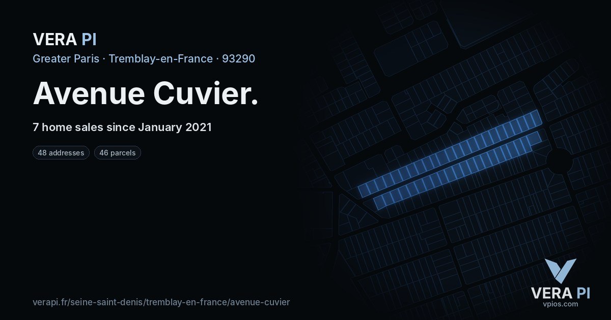 Avenue Cuvier, Tremblay-en-France at night – every parcel coloured by the prices around it, the street's own parcels lit