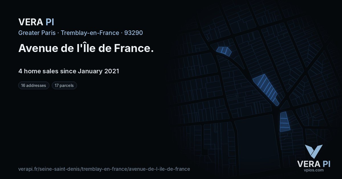 Avenue de l'Île de France, Tremblay-en-France at night – every parcel coloured by the prices around it, the street's own parcels lit