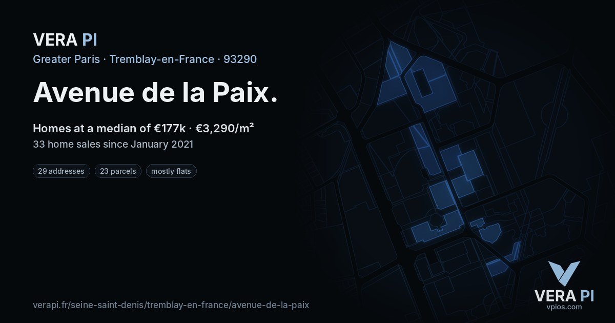 Avenue de la Paix, Tremblay-en-France at night – every parcel coloured by the prices around it, the street's own parcels lit