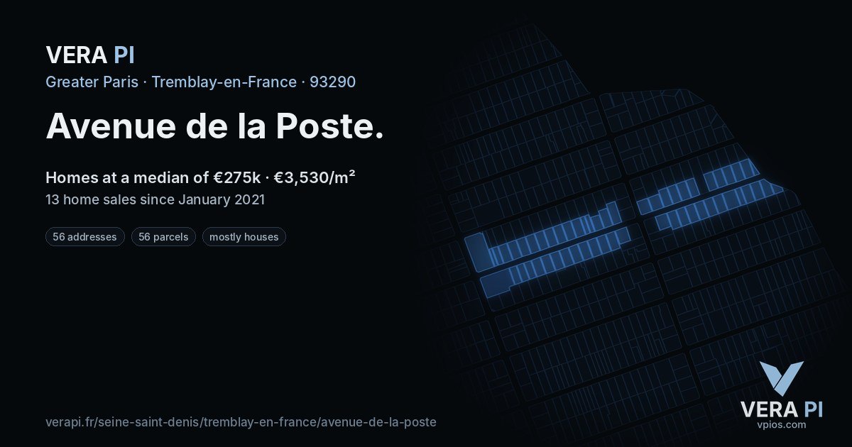 Avenue de la Poste, Tremblay-en-France at night – every parcel coloured by the prices around it, the street's own parcels lit