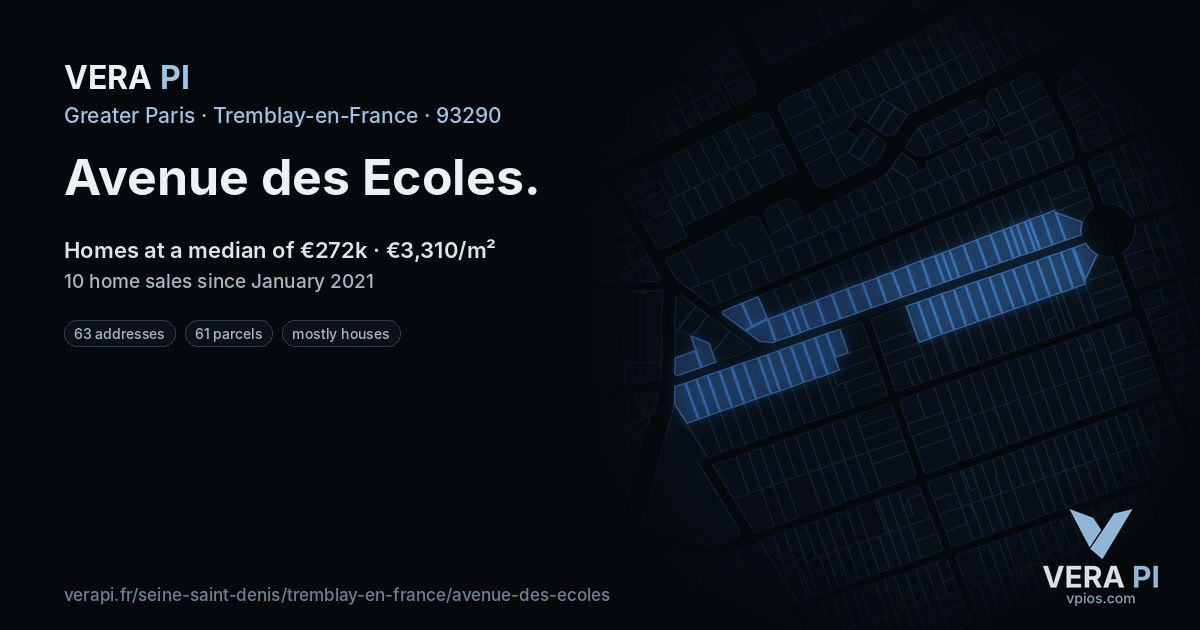 Avenue des Ecoles, Tremblay-en-France at night – every parcel coloured by the prices around it, the street's own parcels lit