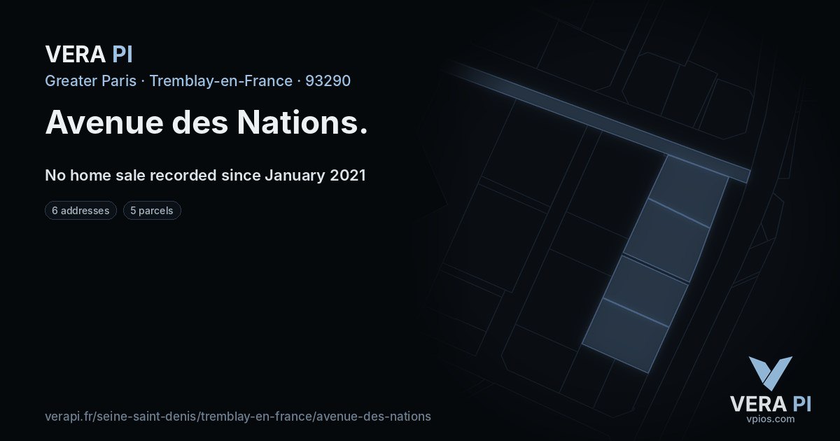 Avenue des Nations, Tremblay-en-France at night – every parcel coloured by the prices around it, the street's own parcels lit