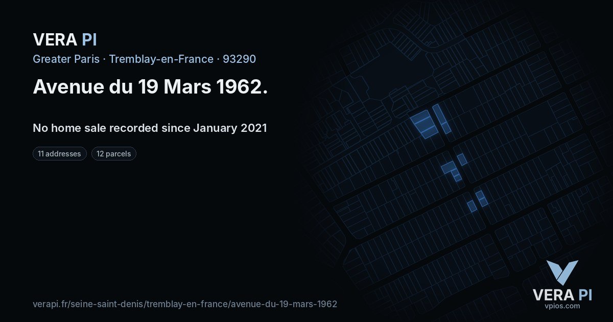 Avenue du 19 Mars 1962, Tremblay-en-France at night – every parcel coloured by the prices around it, the street's own parcels lit