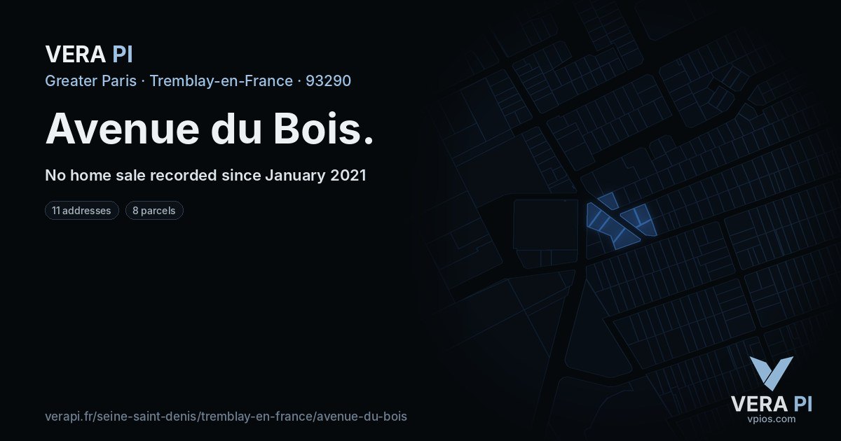 Avenue du Bois, Tremblay-en-France at night – every parcel coloured by the prices around it, the street's own parcels lit