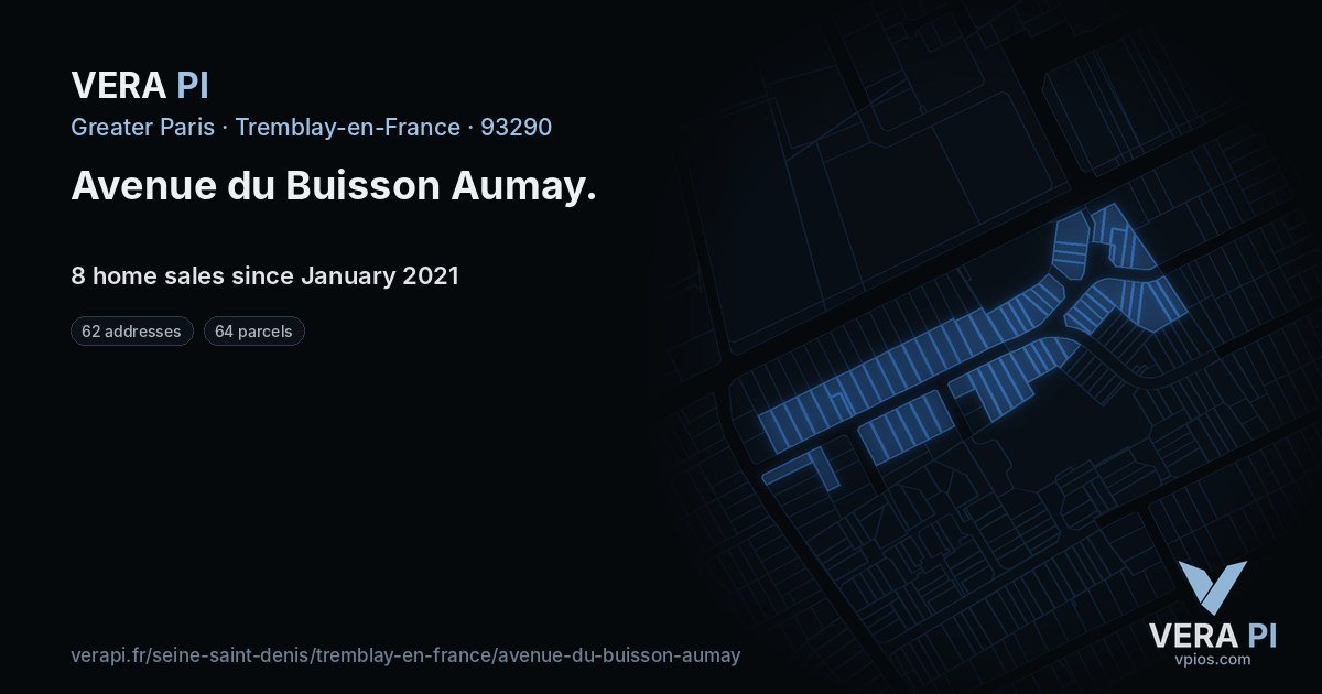 Avenue du Buisson Aumay, Tremblay-en-France at night – every parcel coloured by the prices around it, the street's own parcels lit