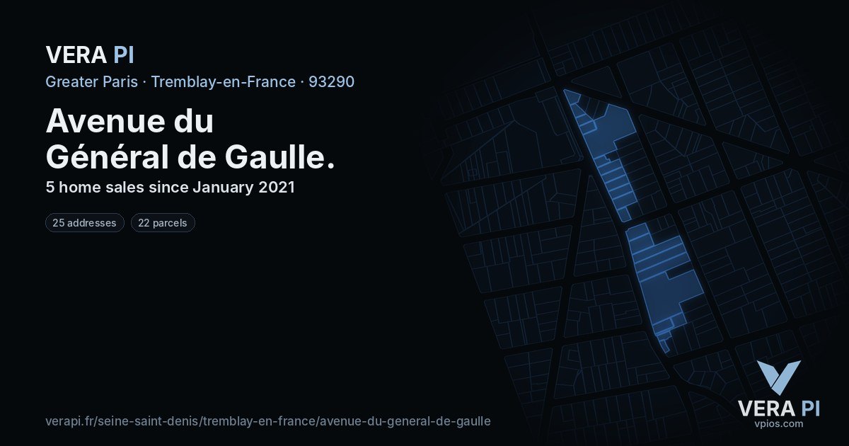 Avenue du Général de Gaulle, Tremblay-en-France at night – every parcel coloured by the prices around it, the street's own parcels lit