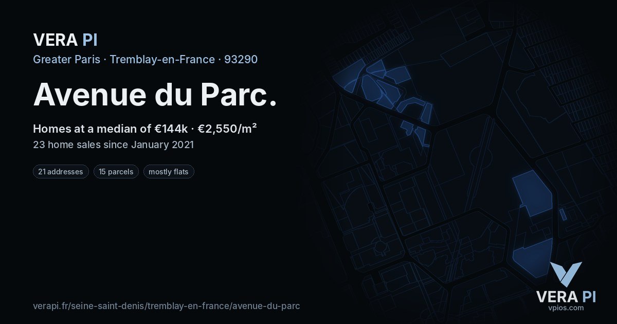 Avenue du Parc, Tremblay-en-France at night – every parcel coloured by the prices around it, the street's own parcels lit