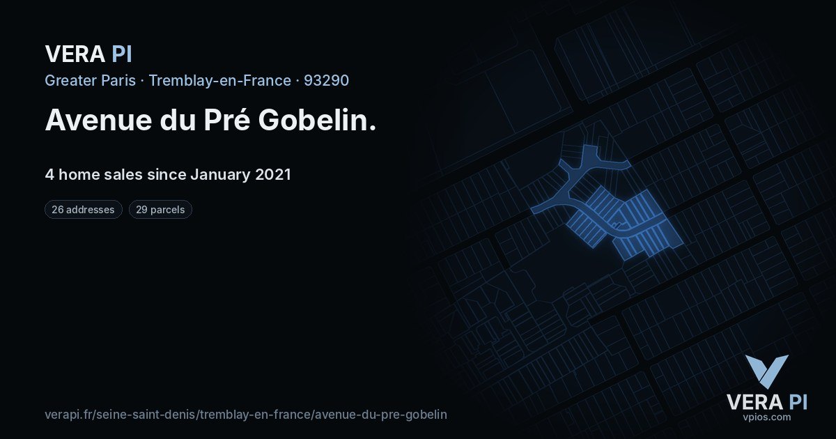 Avenue du Pré Gobelin, Tremblay-en-France at night – every parcel coloured by the prices around it, the street's own parcels lit