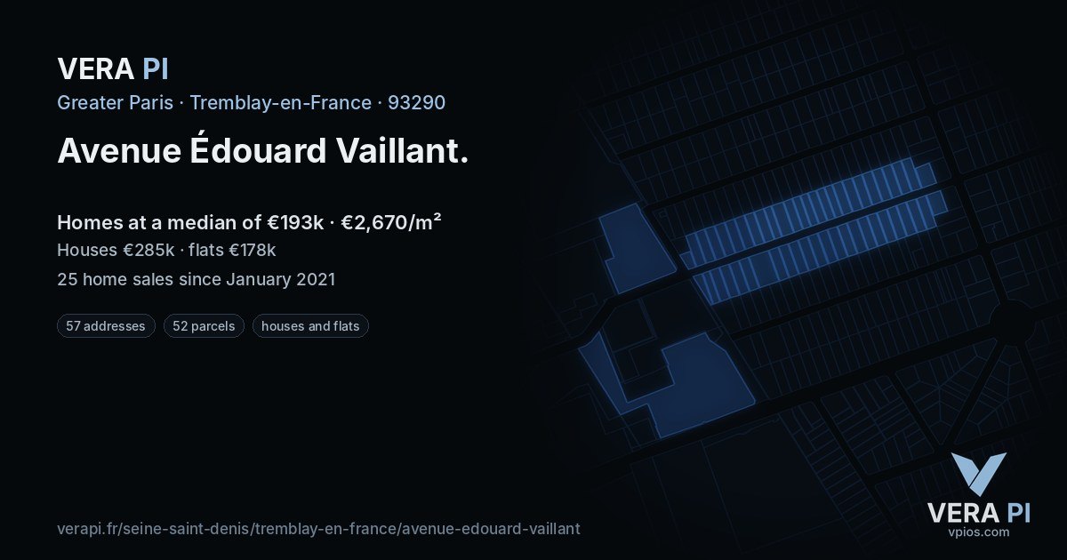 Avenue Édouard Vaillant, Tremblay-en-France at night – every parcel coloured by the prices around it, the street's own parcels lit