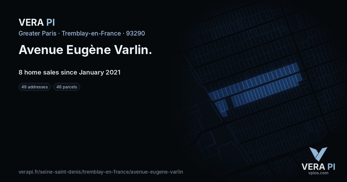 Avenue Eugène Varlin, Tremblay-en-France at night – every parcel coloured by the prices around it, the street's own parcels lit