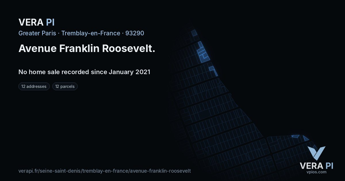 Avenue Franklin Roosevelt, Tremblay-en-France at night – every parcel coloured by the prices around it, the street's own parcels lit