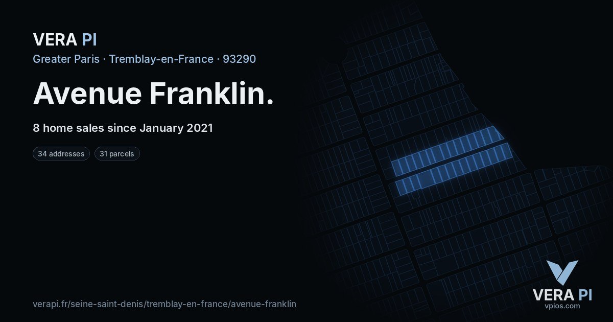 Avenue Franklin, Tremblay-en-France at night – every parcel coloured by the prices around it, the street's own parcels lit