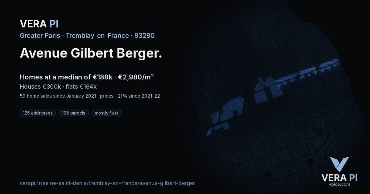 Avenue Gilbert Berger, Tremblay-en-France at night – every parcel coloured by the prices around it, the street's own parcels lit