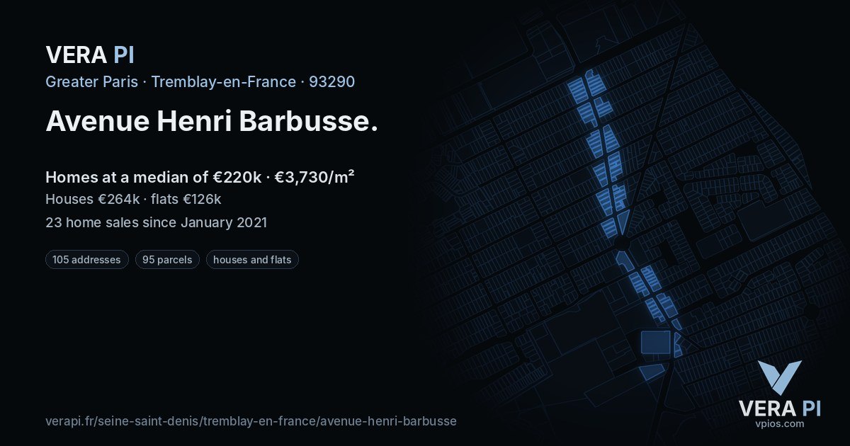 Avenue Henri Barbusse, Tremblay-en-France at night – every parcel coloured by the prices around it, the street's own parcels lit