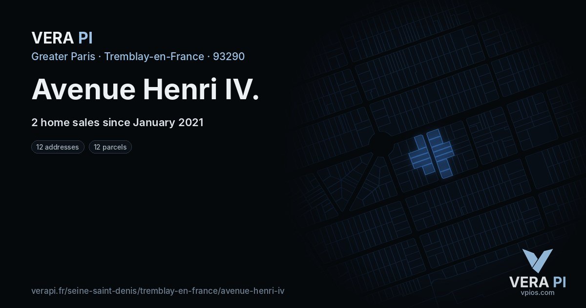 Avenue Henri IV, Tremblay-en-France at night – every parcel coloured by the prices around it, the street's own parcels lit