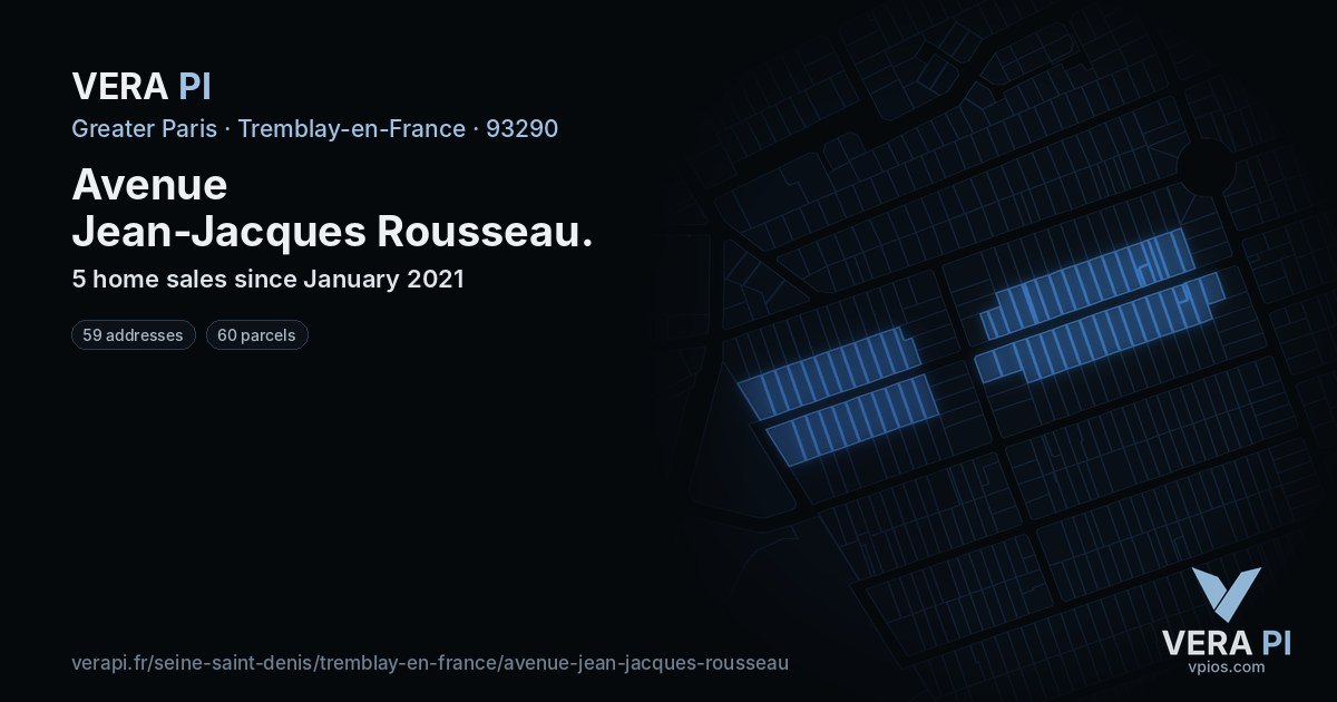 Avenue Jean-Jacques Rousseau, Tremblay-en-France at night – every parcel coloured by the prices around it, the street's own parcels lit