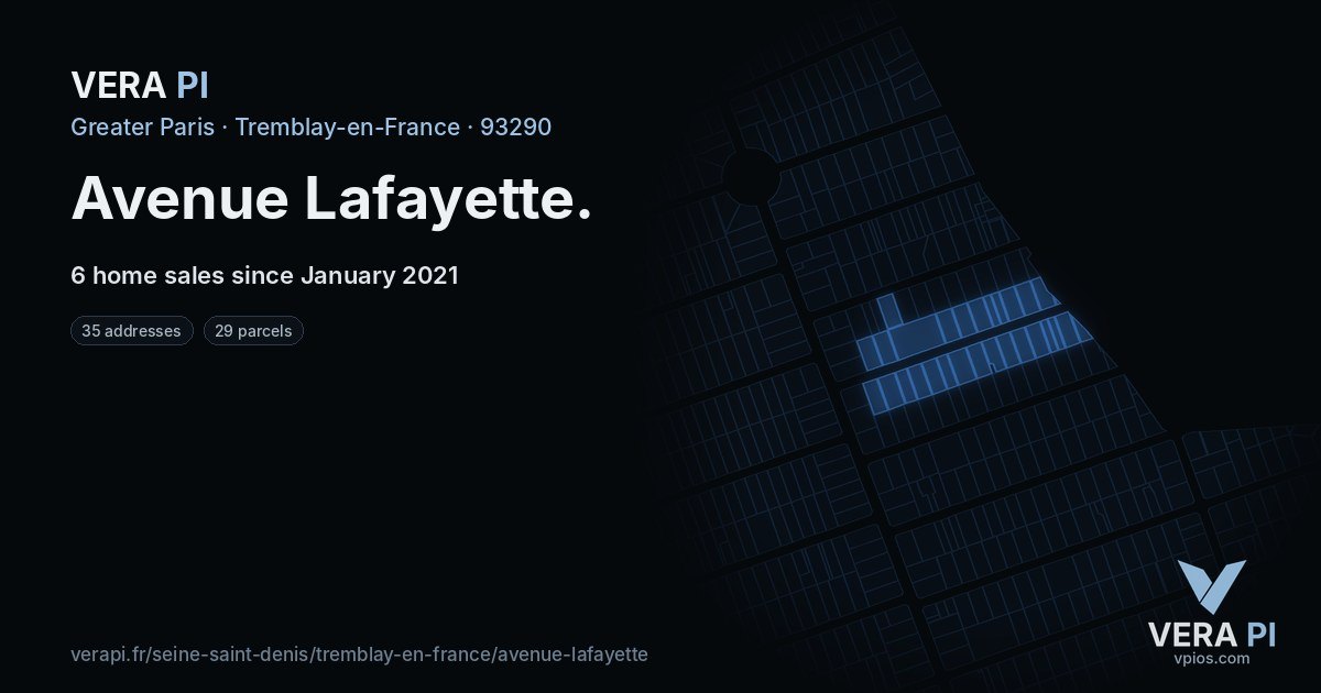 Avenue Lafayette, Tremblay-en-France at night – every parcel coloured by the prices around it, the street's own parcels lit