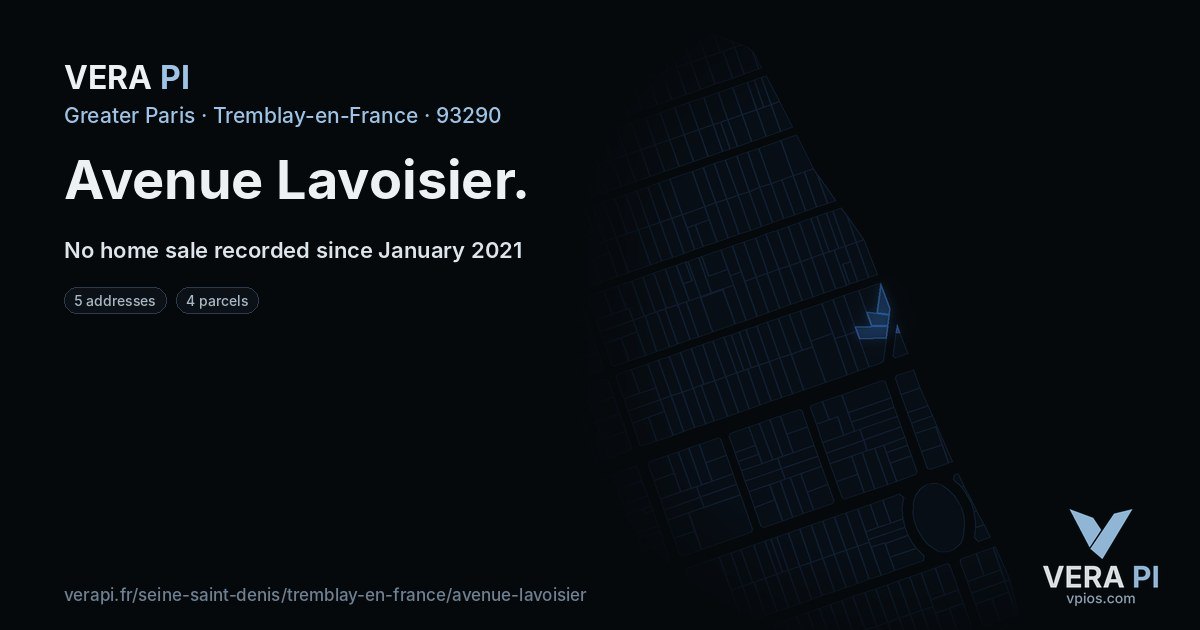 Avenue Lavoisier, Tremblay-en-France at night – every parcel coloured by the prices around it, the street's own parcels lit