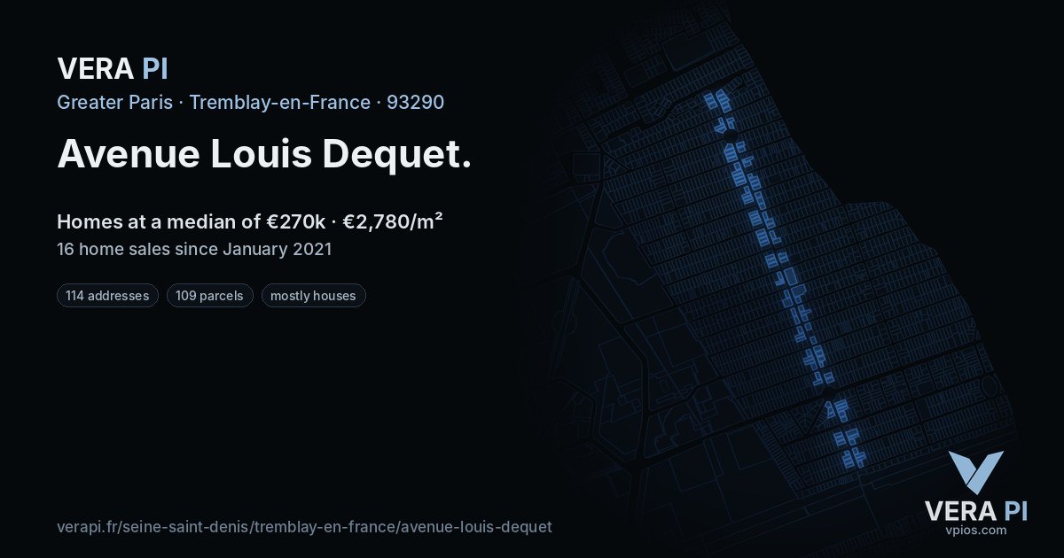 Avenue Louis Dequet, Tremblay-en-France at night – every parcel coloured by the prices around it, the street's own parcels lit