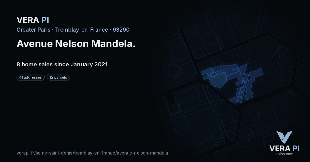 Avenue Nelson Mandela, Tremblay-en-France at night – every parcel coloured by the prices around it, the street's own parcels lit