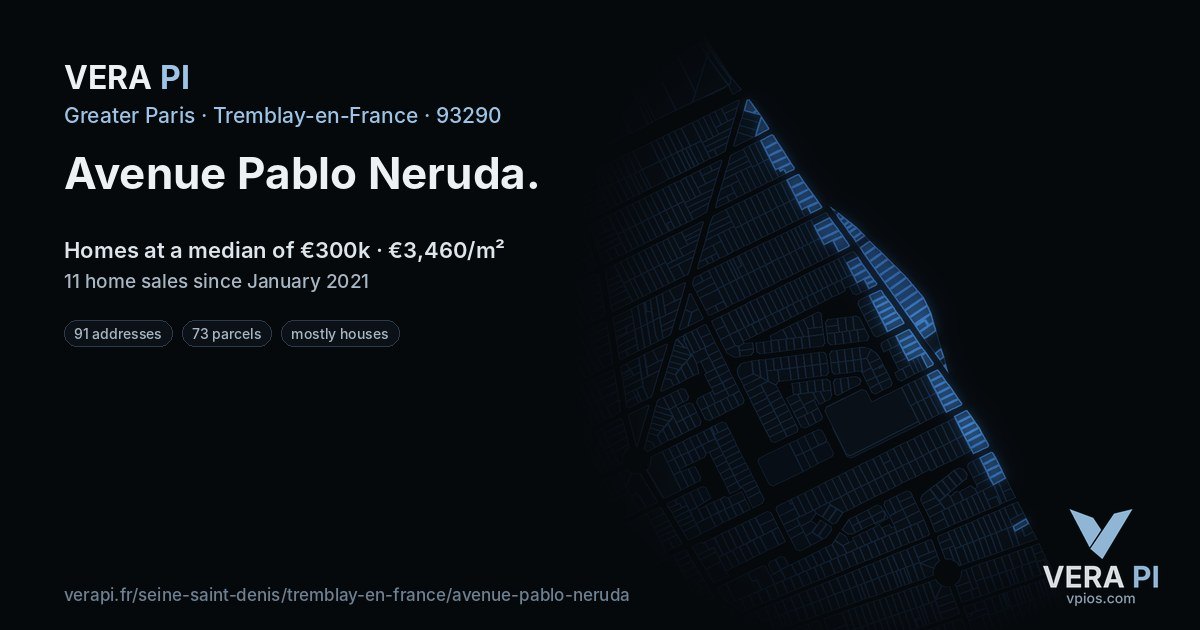 Avenue Pablo Neruda, Tremblay-en-France at night – every parcel coloured by the prices around it, the street's own parcels lit