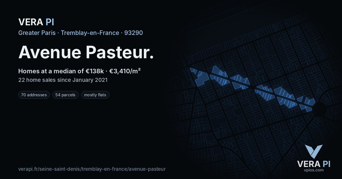Avenue Pasteur, Tremblay-en-France at night – every parcel coloured by the prices around it, the street's own parcels lit