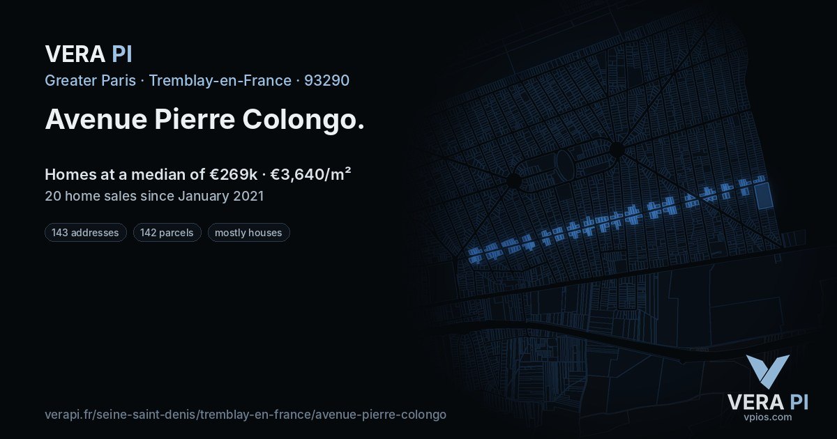 Avenue Pierre Colongo, Tremblay-en-France at night – every parcel coloured by the prices around it, the street's own parcels lit