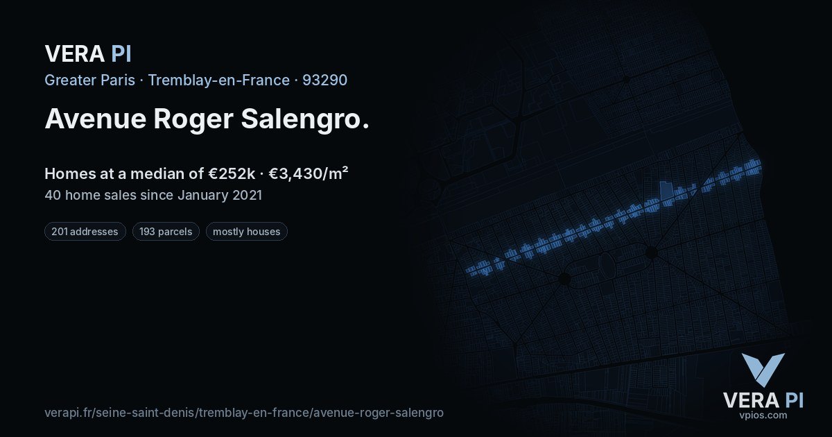 Avenue Roger Salengro, Tremblay-en-France at night – every parcel coloured by the prices around it, the street's own parcels lit
