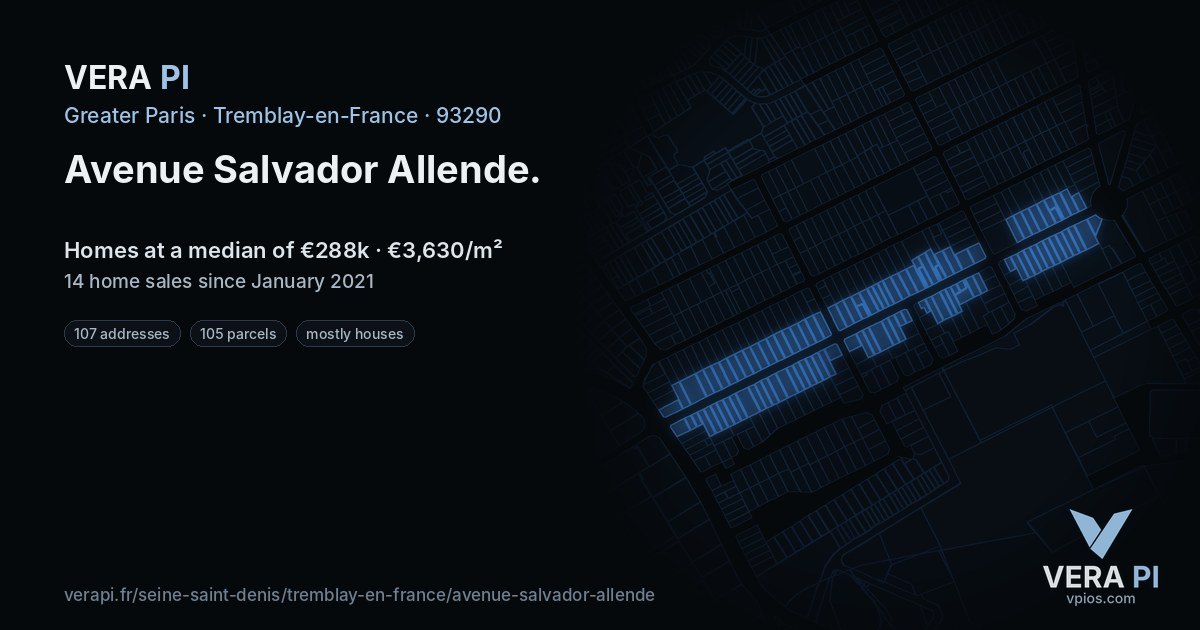 Avenue Salvador Allende, Tremblay-en-France at night – every parcel coloured by the prices around it, the street's own parcels lit