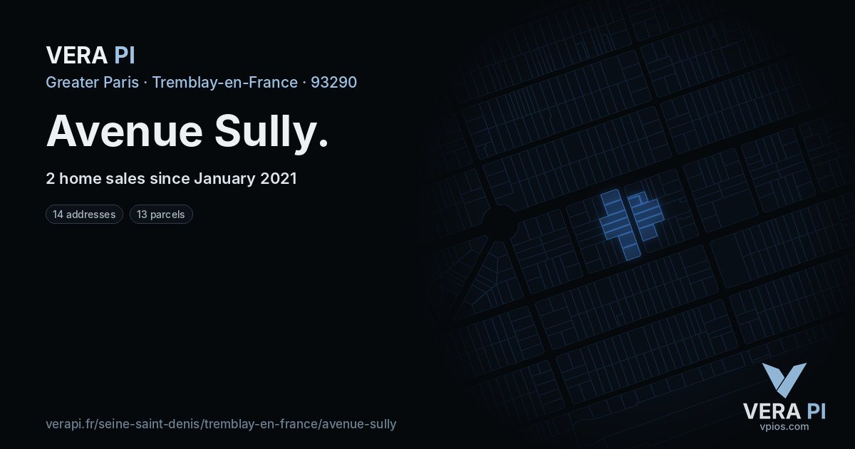Avenue Sully, Tremblay-en-France at night – every parcel coloured by the prices around it, the street's own parcels lit