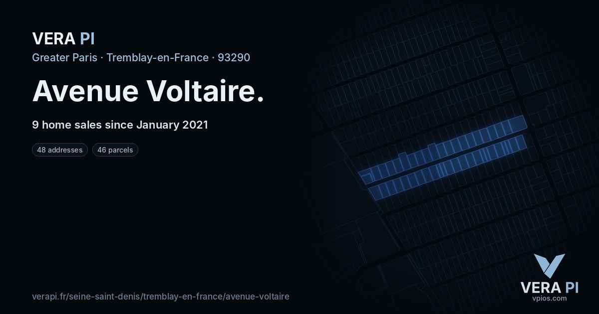 Avenue Voltaire, Tremblay-en-France at night – every parcel coloured by the prices around it, the street's own parcels lit